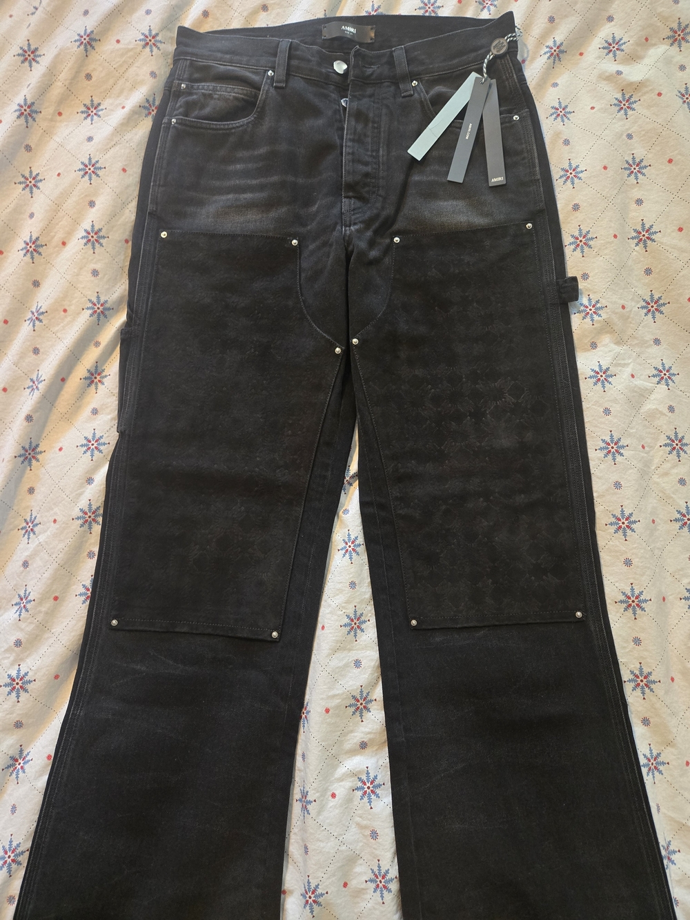 AMIRI Black Jeans with Black Suede Leather In Front